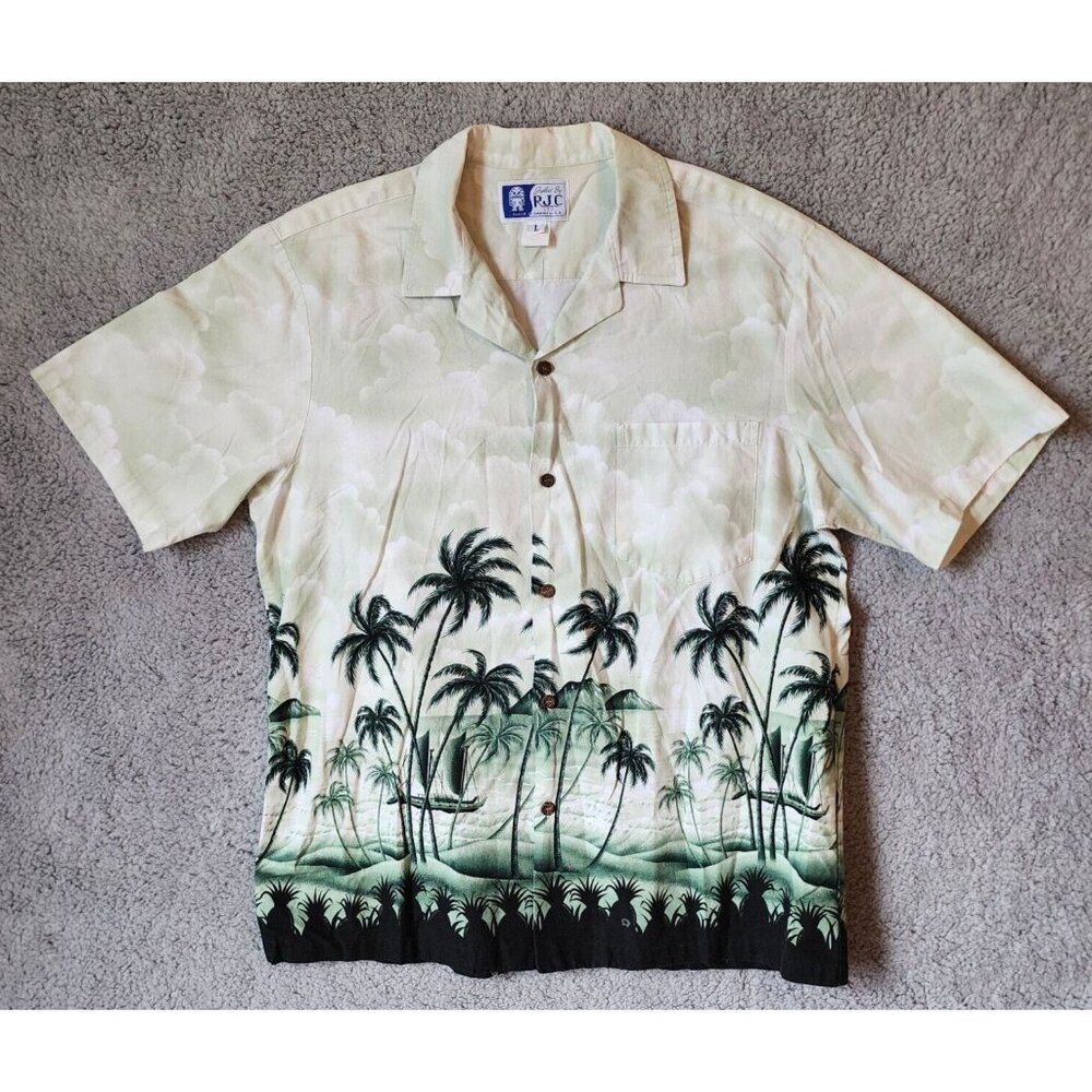 VTG RJC Hawaiian Green Beach AOP Short Sleeve Button‎ Up Shirt Size Large USA